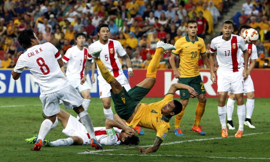 Cahill executes a perfect overhead kick to open the scoring against China on Thursday.