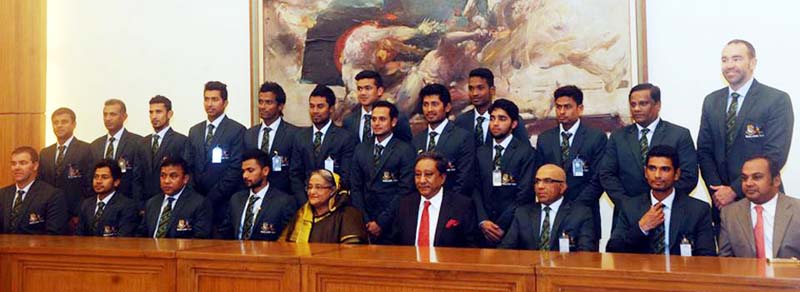 Members of Bangladesh National Cricket team pose for photo with Prime Minister Sheikh Hasina at Gono Bhaban on Wednesday night. Bangladesh team leaves for Australia tomorrow.