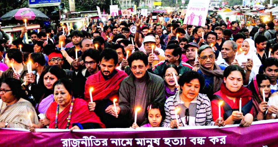 Ganajagaran Mancha brought out a procession lighting candles at Shahbagh area in the city on Friday with a call to stop killing of people and arson attack in the name of movement.