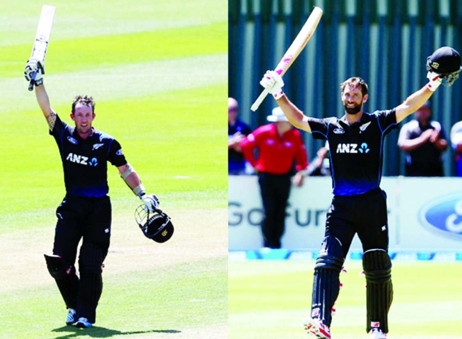 Luke Ronchi (left) and Grant Elliott (right) of New Zealand celebrate scoring 100 runs during the One Day International match between New Zealand and Sri Lanka at University Oval in Dunedin, New Zealand on Friday.