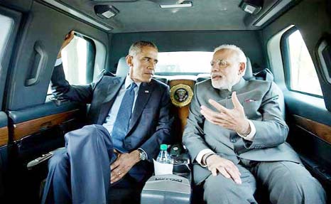 Indian Prime Minister Narendra Modi seen with US President Barack Obama.