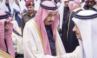 Saudi Arabia's new King Salman bin Abdul Aziz Â© is being greeted by well-wishers during a ritual ceremony to pledge symbolic allegiance to him on Friday.