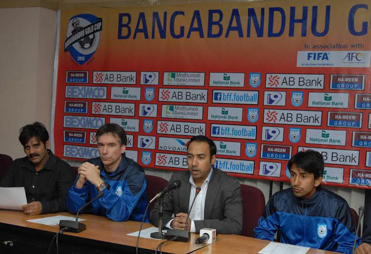 Vice-President of Bangladesh Football Federation (BFF) Tabith Awal addressing a press conference at the conference room of BFF House on Sunday.