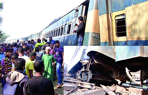 The inter-city 'Joyontika Express' derailed near the Paghachang in Brahmanbarhia at 2:00pm on Sunday snapping rail link between Dhaka and eastern region for several hours. Photo: Banglar Chokh