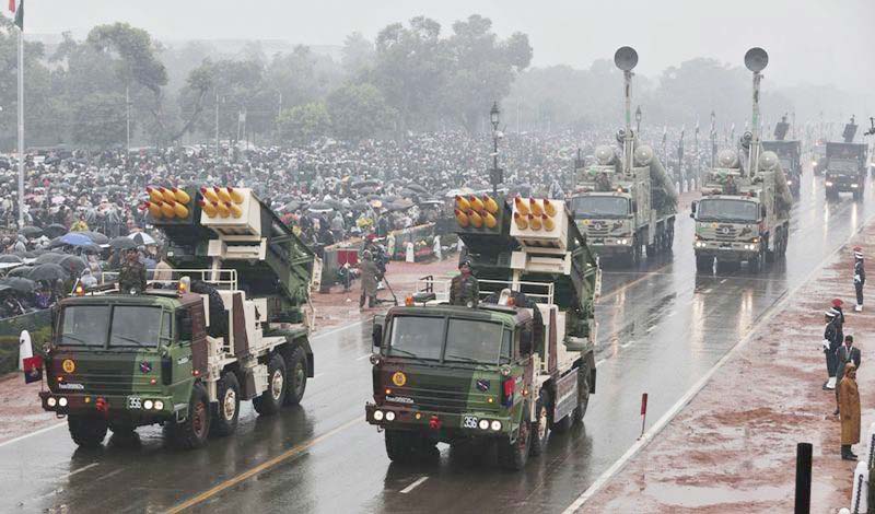 Indian Army's Pinaka multi barrel rocket launcher systems are displayed during the Republic Day parade in New Delhi on Monday.