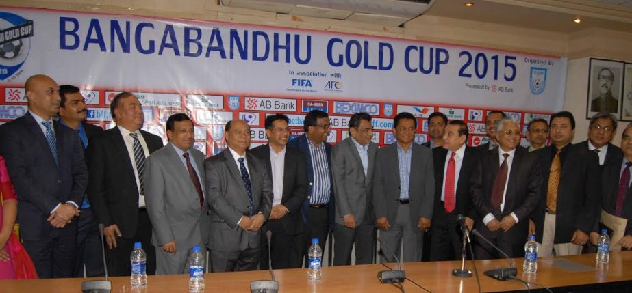 A press conference was held to introduce the sponsors of Bangabandhu Gold Cup International Football tournament at the BFF House on Monday. Photo shows the key persons of tournamentâ€™s sponsors with BFF officials.