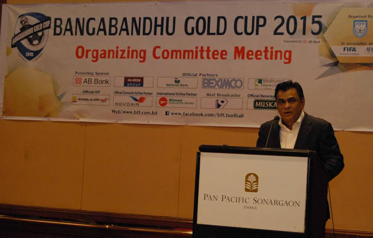 President of Bangladesh Football Federation Kazi Salahuddin speaking at the meeting of the Organizing Committee of Bangabandhu Gold Cup International Football Tournament at the Pan Pacific Sonargaon Hotel in the city on Tuesday.