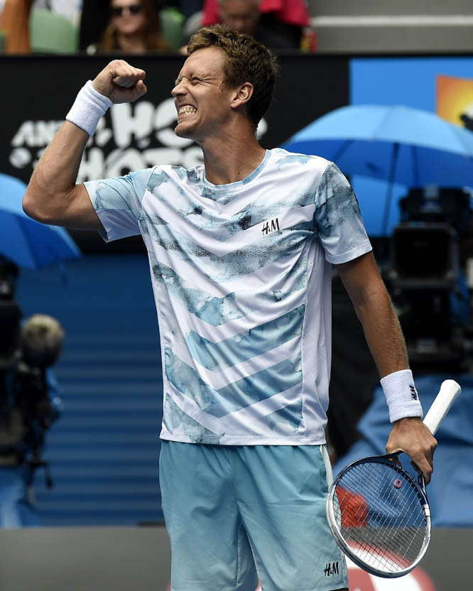 Tomas Berdych of the Czech Republic celebrates after defeating Rafael Nadal of Spain in their quarterfinal match at the Australian Open tennis championship in Melbourne, Australia on Tuesday.