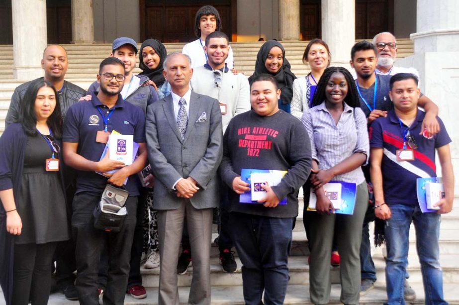 Dhaka University Vice-Chancellor Professor Dr AAMS Arefin Siddique is seen with some foreign students and volunteers on Tuesday in front of the Nobab Nowab Ali Chowdhury Senate Bhaban after a courtesy meeting at his office.