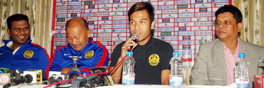 Captain of Malaysia Football team Nazirul Naim speaking at the press conference at the Hotel Rose View in Sylhet on Wednesday.
