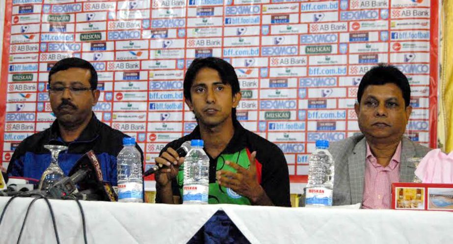 Captain of Bangladesh National Football team Mamunul Islam addressing a press conference at the Hotel Rose View in Sylhet on Wednesday.