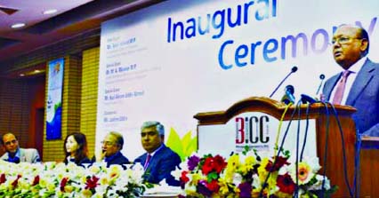 Commerce minister Tofail Ahmed speaks at the inaugural ceremony of the Fourth International Plastic Fair at the Bangabandhu International Conference Centre in Dhaka on Tuesday.