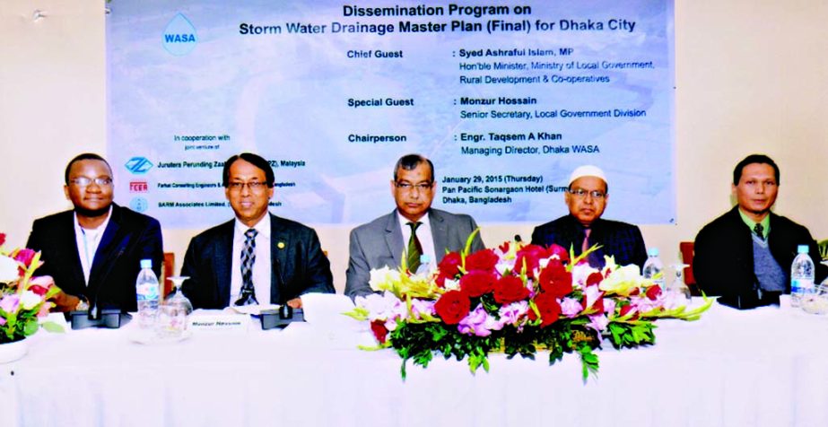 Managing Director of Dhaka WASA Engr Taqsem A Khan along with other distinguished persons at a seminar on preparation of storm water drainage master plan for Dhaka city at a hotel in the city on Thursday.