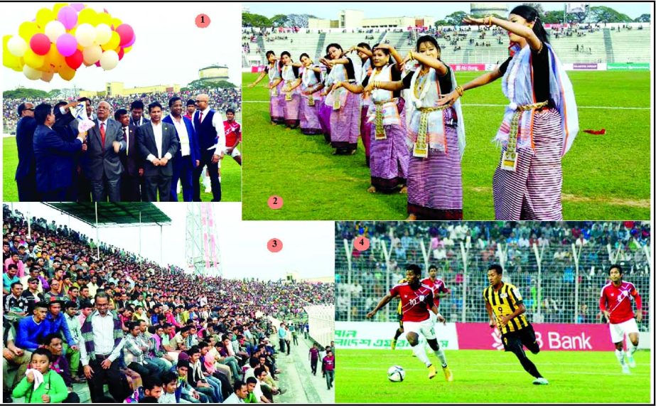 1.Minister for Finance Abul Maal Abdul Muhith inaugurating the Bangabandhu Gold Cup International Football Tournament by releasing the balloons as the chief guest. 2.The Monipuri artistes perform a colourful dance during the opening ceremony. 3. A large n