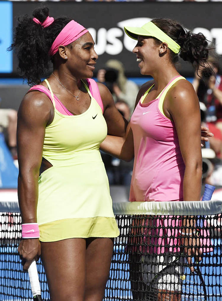 Serena Williams of the U.S., left, is congratulated by her compatriot Madison Keys after winning their semifinal match at the Australian Open tennis championship in Melbourne, Australia onThursday.