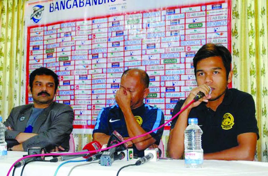 Captain of Malaysia Under-23 Football team Nazirul Naim speaking at a press conference at the Hotel Rose View International in Sylhet on Friday.