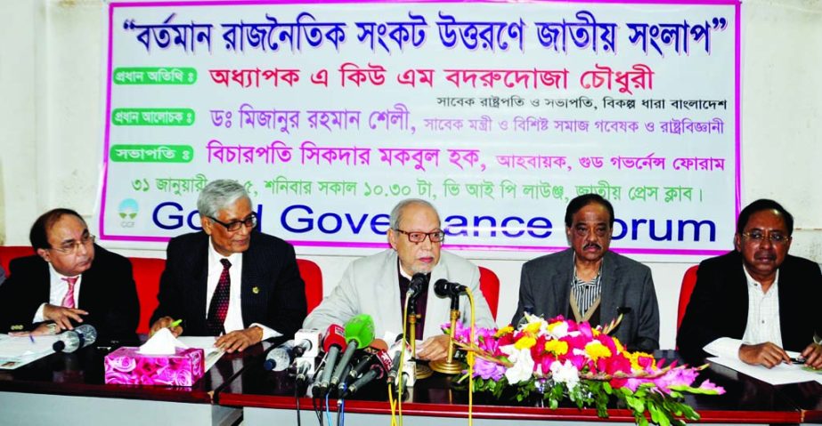 Bikalpa Dhara President Prof Dr AQM Badruddoza Chowdhury speaking at an opinion sharing meeting on 'National dialogue to overcome present political crisis' organized by Good Governance Forum at the National Press Club on Saturday.