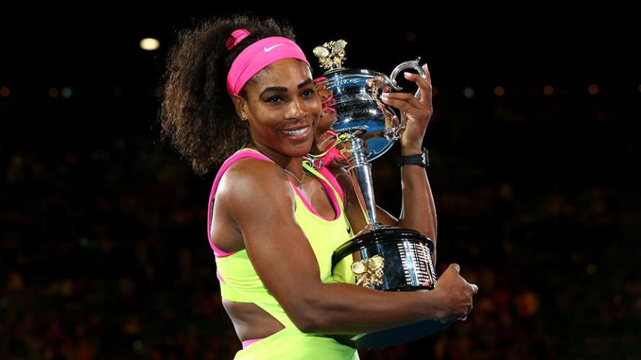 Serena Williams poses with her trophy after defeating Maria Sharapova of Russia in their women's singles final match at the Australian Open 2015 tennis tournament in Melbourne on Saturday.