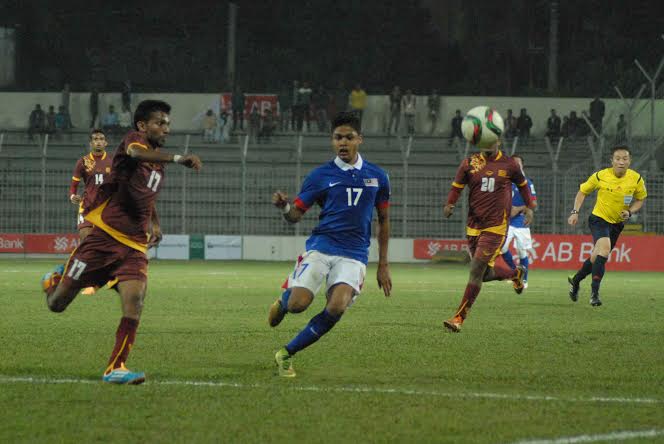 A view of the match of the Bangabandhu Gold Cup International Football Tournament between Malaysia and Sri Lanka at the Sylhet District Stadium on Saturday.