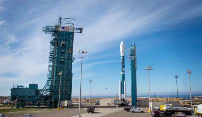 The United Launch Alliance Delta II rocket is seen as the mobile service tower is moved back to help workers service the rocket at Space Launch Complex 2 on Thursday.