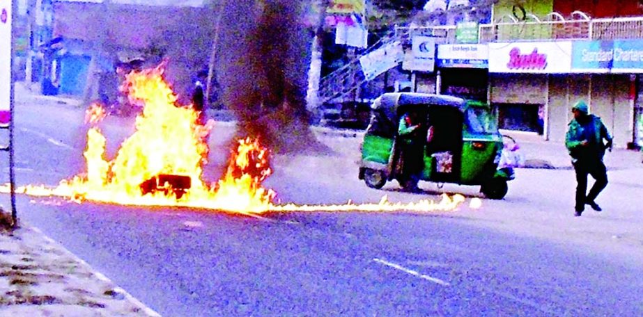 Pro-BNP-Jamaat activists hurled petrol bomb at police resulting a vehicle was torched in Sylhet on Sunday on the first day of 72-hr hartal.