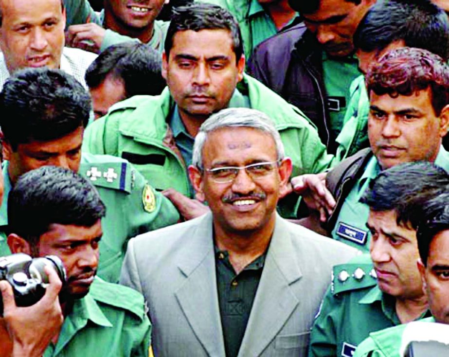 BNP Chairperson Begum Khaleda Zia's adviser Mosaddek Ali Falu was produced before the CMM court on Monday in a vehicle torching case filed by Khilgaon police.