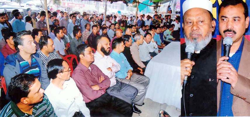 Chittagong City Awami League President former Mayor ABM Mohiuddin Chowdhury and General Secretary AZM Nasir Uddin addressing an anti-hartal rally in the city yesterday.