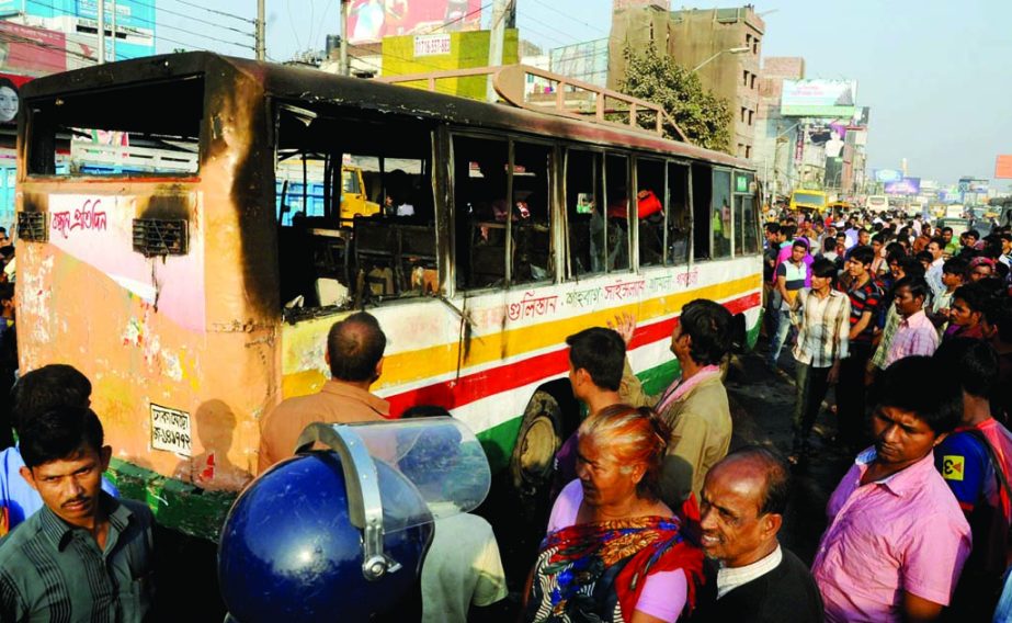 Picketers set fire on a passenger bus in the city's Gabtali area on Tuesday during hartal enforced by BNP-led 20-party alliance.