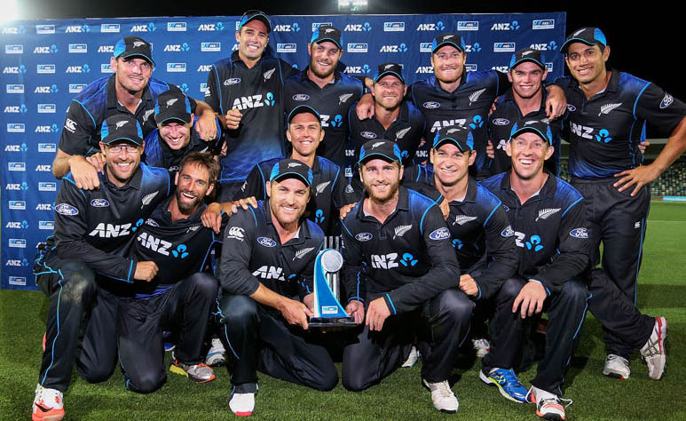 The New Zealand players pose with the series trophy against Pakistan at Napier, on Tuesday.