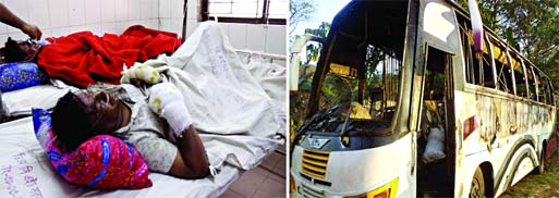 TERROR ATTACK WHILE ASLEEP: Dhaka-bound night coach from Cox's Bazar (right) was the target of petrol bomb attack at Chowddagram point under Comilla district burning alive seven passengers including minors. Some of the victims were brought to Dhaka Medic