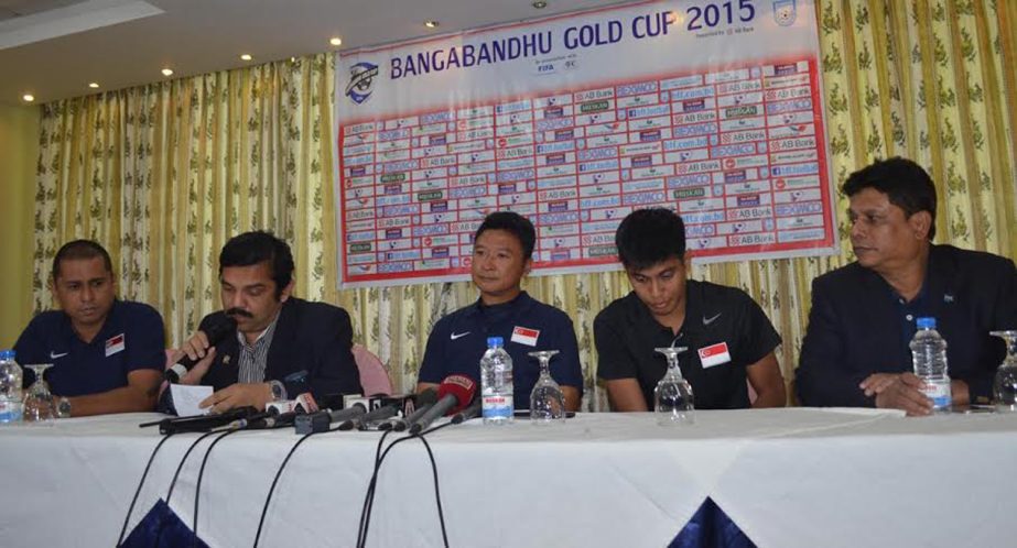 Head of Media of Bangladesh Football Federation (BFF) Ahsan Ahmed speaking at a press conference at the Hotel Rose View International in Sylhet on Wednesday.