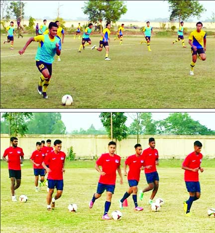 Malaysia Football team (top) and Singapore Football team (bottom) taking part at their respective practice session at the BFF Football Academy Ground in Sylhet on Wednesday.