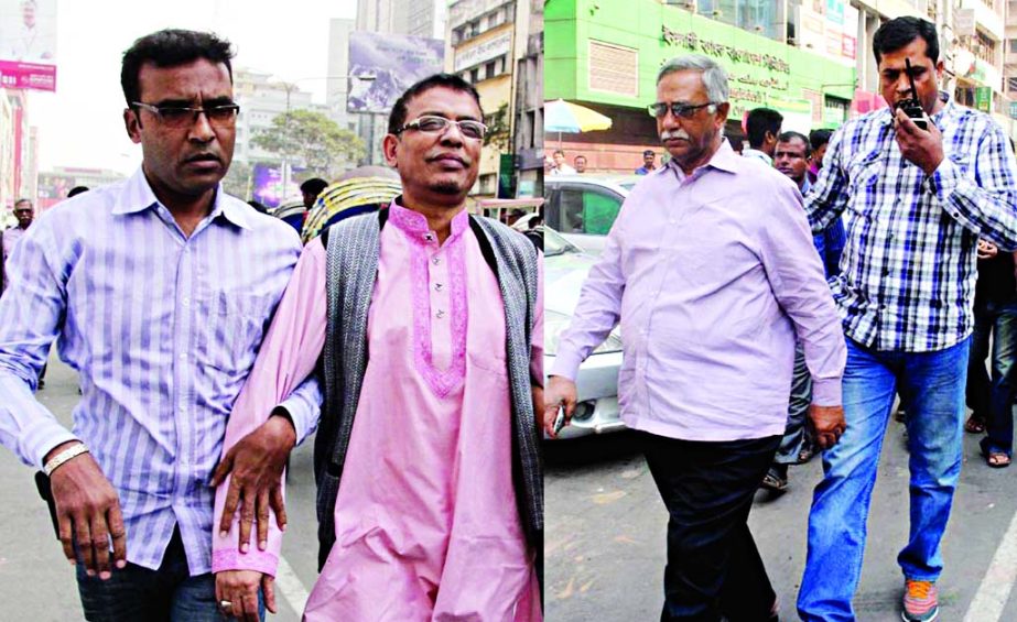 Ex-BNP MP Ashrafuddin Nizam (2nd from left) and Nazimuddin Ahmed (2nd from R) were pickedup by DB police while returning from Quader Siddiqui's sit-in programme in city Motijheel area on Wednesday.