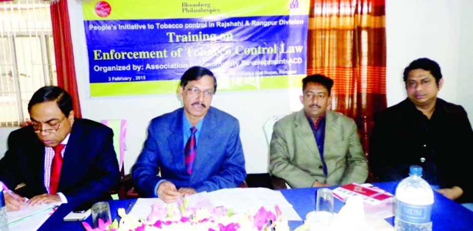 RANGPUR: Dr Sukumar Roy, Divisional Director (Health), Rangpur speaking at a divisional training course on 'Enforcement of Tobacco Control Law' organised by Association for Community Development (ACD) for the sanitary inspectors at Hotel Tilottoma