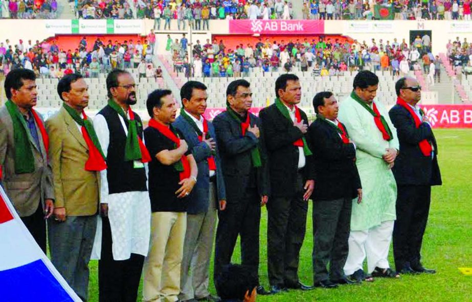 Inside the stadium: BFF officials and guests singing national anthem before the second semi-final match between Bangladesh and Thailand at the Bangabandhu National Stadium on Friday.