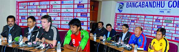 Coach of Bangladesh National Football team Lodewijk de Kruif speaking at a press conference at the conference room of Bangladesh Football Federation House on Saturday. Coach of Malaysia Football team Mohamed Razip addressing a press conference at the conf