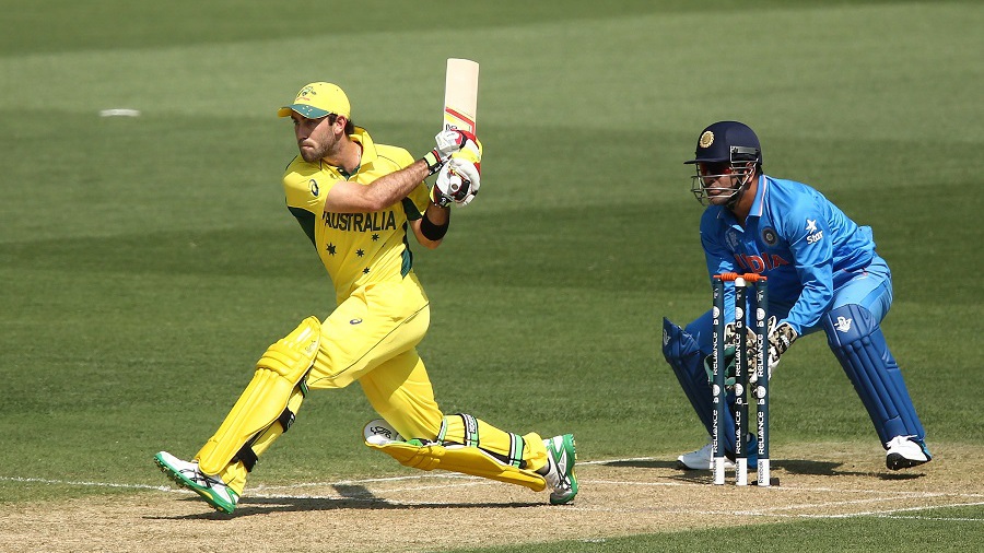 Glenn Maxwell unleashes a reverse sweep during the ICC Cricket World Cup warm up match between Australia and India at Adelaide Oval on Sunday in Adelaide, Australia.
