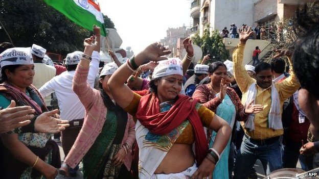 Supporters of India's Aam Aadmi Party have been celebrating outside the party office