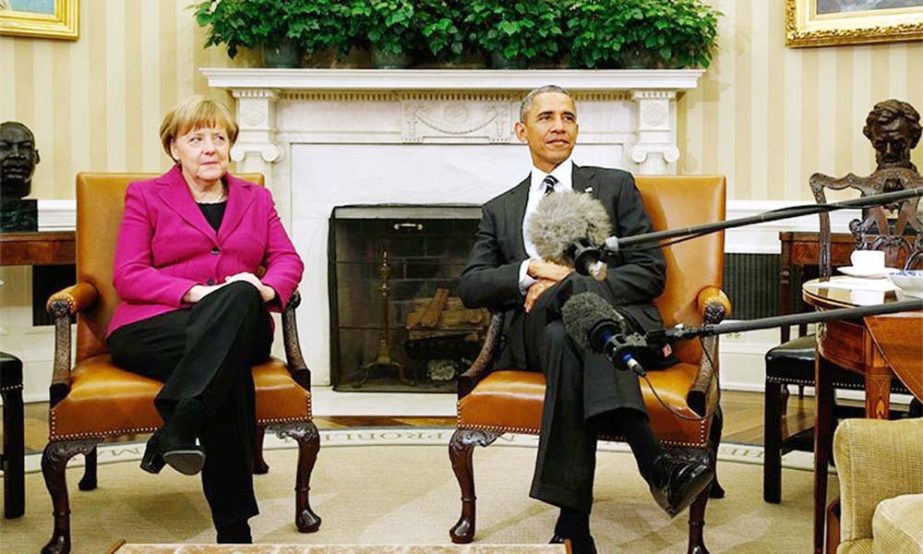 US President Barack Obama meets with German Chancellor Angela Merkel to discuss the crisis in Ukraine at the White House in Washington.