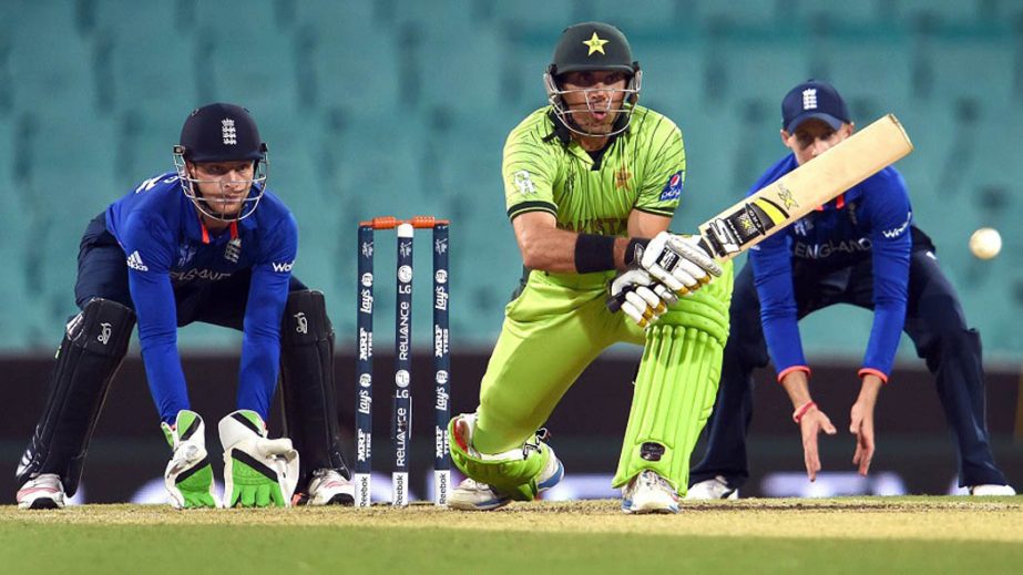 Misbah-ul-Haq gets ready to play a reverse sweep shot during their Cricket World Cup warm-up match against England in Sydney, Australia on Wednesday.