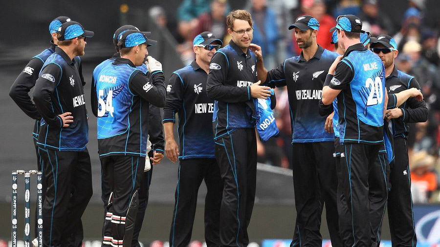New Zealand celebrate the wicket of Tillakaratne Dilshan during the ICC Cricket World Cup 2015 match between Sri Lanka and New Zealand at Hagley Oval in Christchurch, New Zealand on Saturday.