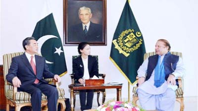 Visiting Chinese foreign minister Wang Yi holding talks with Pakistan Prime Minister Nawaz Sharif in Islamabad.