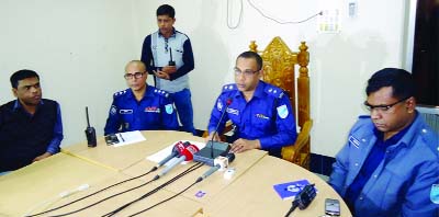 MYMENSINGH: Mainul Haq, SP, Mymensingh addressing a press conference at his office yesterday. He blamed BNP and its front organizations for the recent violence in Mymensingh.