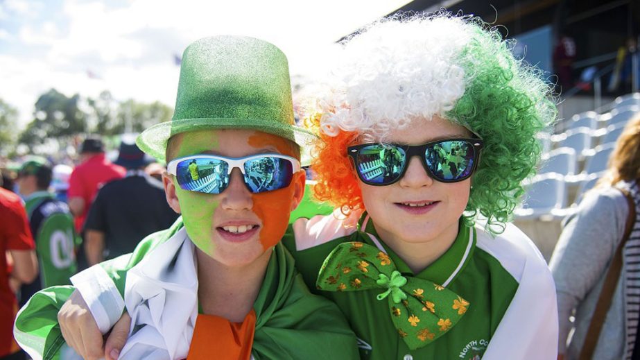 Young Irish fans pose for a photo during the Cricket World Cup match between Ireland and the West Indies at Saxton Park Oval in Nelson, New Zealand on Monday.