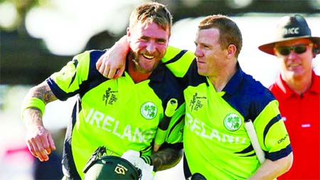 Jubilant John Mooney and Niall O'Brien after the victory against Windies during the 2015 ICC Cricket World Cup match at Saxton Field in Nelson, New Zealand on Monday.