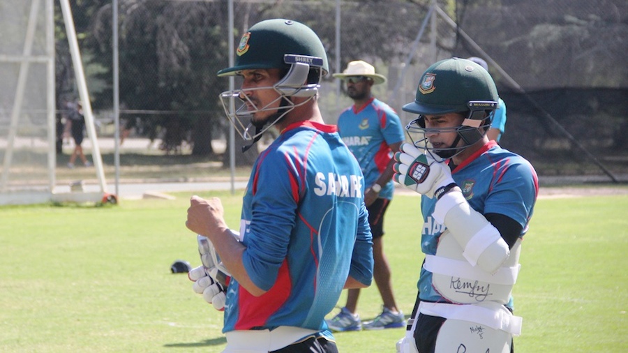 Nasir Hossain and Mushfiqur Rahim wait their turn to bat during nets, in Canberra on Tuesday.