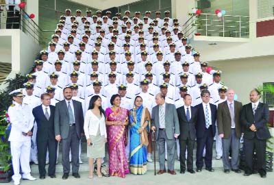 GAZIPUR: State Minister for Women and Children Affairs Meher Afroz Chumki poses with 114 cades of International Meritam Academy(IMA) who have completed course at Pubali campus in Gazipur on Wednesday.