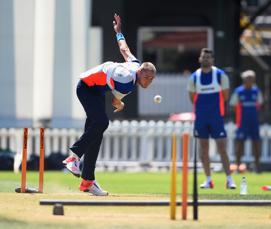 Stuart Broad bowling in the nets during a practice session at Wellington on Thursday.