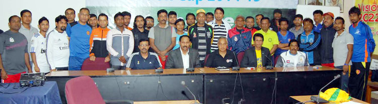 The coaches of the clubs of the Pioneer Football League with the officials and coaches of Bangladesh Football Federation (BFF) pose for a photo session at the BFF House on Thursday.