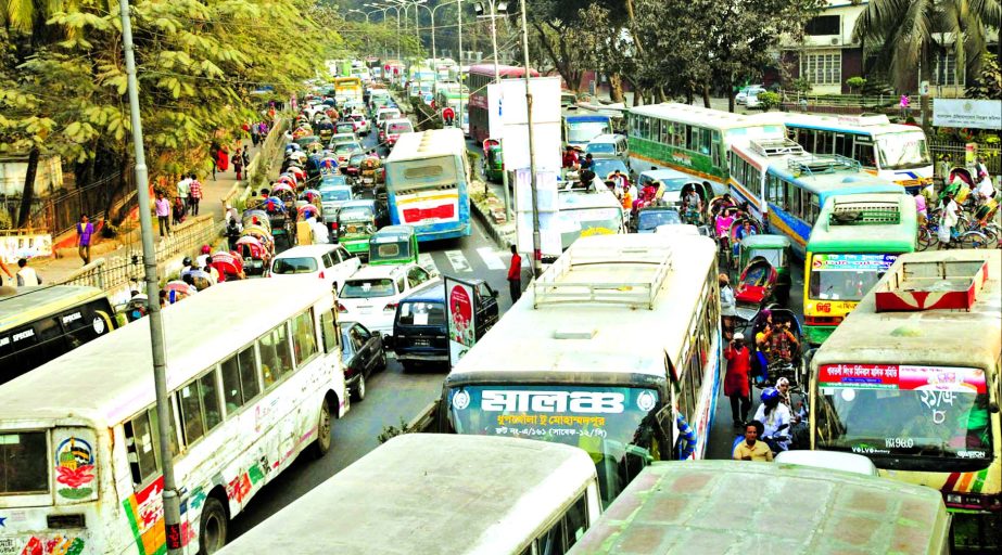 City witnessed severe traffic jam on Thursday as hundreds of vehicles were seen stuck up on different roads. This photo was taken from Shahbagh to Matsya Bhaban.